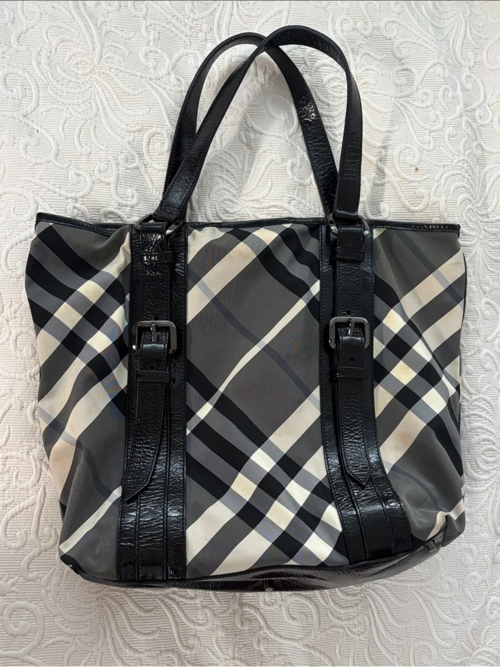 Burberry Black, Gray and Cream Plaid Tote with Leather Straps